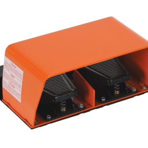 The Vestil Pneumatic Twin Foot Switch has an orange dual pedal and protective cover, with black pedals on a sturdy metal base for hands-free operation. Clear instructions are labeled on the side.
