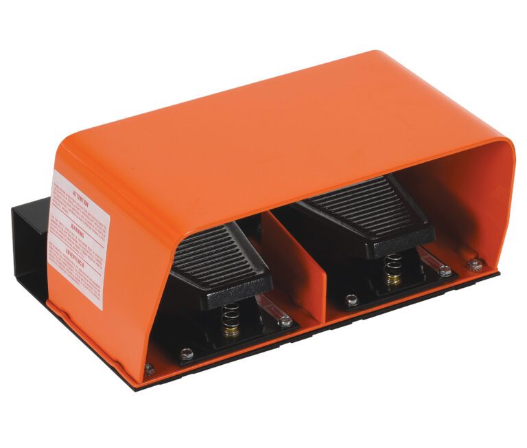 The Vestil Pneumatic Twin Foot Switch has an orange dual pedal and protective cover, with black pedals on a sturdy metal base for hands-free operation. Clear instructions are labeled on the side.