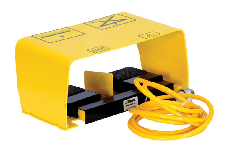 The Vestil Optional Two Pedal Foot Control 8’ Cord includes a yellow foot pedal with cover, two labeled black pedals for function control, and an 8’ spiral cable neatly coiled alongside the device.