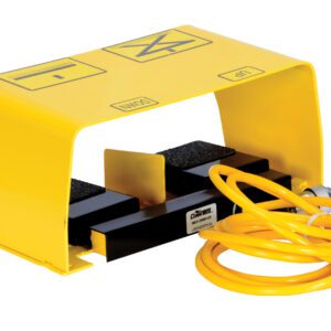 The Vestil Optional Two Pedal Foot Control 8’ Cord includes a yellow foot pedal with cover, two labeled black pedals for function control, and an 8’ spiral cable neatly coiled alongside the device.
