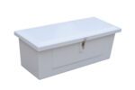The sleek, white storage box is similar to the Vestil Fiberglass Storage Case 20L X 48W X 18H, featuring a hinged lid and small padlock, elegantly showcased on a plain white background.