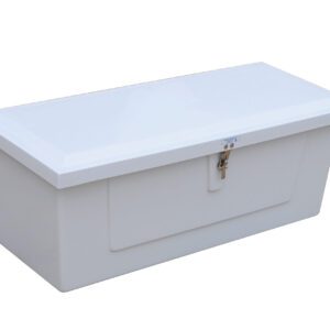 The sleek, white storage box is similar to the Vestil Fiberglass Storage Case 20L X 48W X 18H, featuring a hinged lid and small padlock, elegantly showcased on a plain white background.