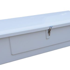 The Vestil Fiberglass Storage Case 20L X 60W X 18H is a large, white rectangular box with a hinged lid and metal latch, elegantly displayed against a plain white background.