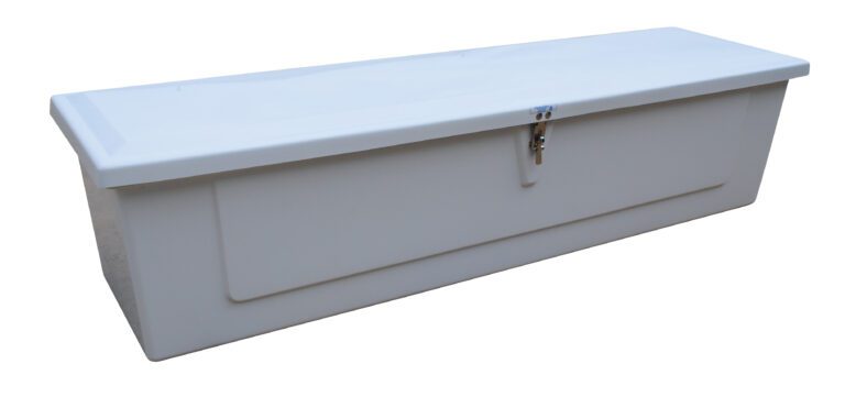 FCASE-72_A.jpg The Vestil Fiberglass Storage Case 20L X 72W X 18H is a sleek, white rectangular box featuring a hinged lid secured by a metal latch. Its smooth sides hint at durable plastic construction, and its slightly raised lid completes the modern design.