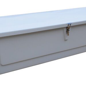 The Vestil Fiberglass Storage Case 20L X 72W X 18H is a sleek, white rectangular box featuring a hinged lid secured by a metal latch. Its smooth sides hint at durable plastic construction, and its slightly raised lid completes the modern design.
