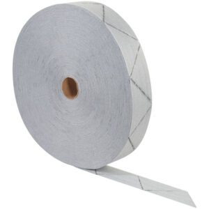 A large roll of gray adhesive tape with diagonal lines complements the MH-USA 5 x 5 Foam Corner Guards - 900 PER CASE. The tapes end is partly unrolled, highlighting its smooth texture and central cardboard core, ready to efficiently secure and protect those corners.