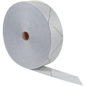 Partially unrolled, the large industrial gray toilet paper with a cardboard core reveals its flat sheet with subtle diagonal lines. Perfect for facilities prioritizing utility and safety, like those using MH-USA 8 x 8 Foam Corner Guards - 600 PER CASE.