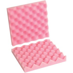 Two pink MH-USA 10 x 10 x 2 anti-static convoluted foam panels with a wavy, egg-crate texture are displayed against a white backdrop. One panel leans on the other, highlighting their textured surface.