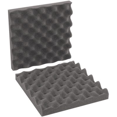 FCSC10102.jpg Two upright pieces of MH-USA 10 x 10 x 2 charcoal convoluted foam showcase a wavy texture for effective soundproofing and protection. Available in cases of 24 sets.