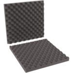 Two square pieces of the MH-USA 16 x 16 x 2 Charcoal Convoluted Foam Sets (12 Sets/Case) are depicted. One stands upright, and the other lies flat, both showcasing the grey, egg-crate texture ideal for sound absorption and acoustics enhancement.