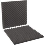 Two pieces of MH-USA 24 x 24 x 2 charcoal convoluted foam, one flat and the other upright, form an open angle with ridged patterns for soundproofing or protective packaging. Available in sets of six per case as MH-USA 24 x 24 x 2 Charcoal Convoluted Foam Sets.