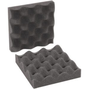 Two MH-USA 6 x 6 x 2 Charcoal Convoluted Foam Sets are shown, one upright and the other flat, with a wavy surface for sound absorption or cushioning. These dark gray foams come in cases of 64 sets and are suitable for various applications.