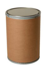 The Vestil Fiber Drum 30 Gallon Capacity is large and cylindrical with a plain brown surface, featuring silver-colored metallic edges. It has a metal lid and bottom, designed to stand upright.