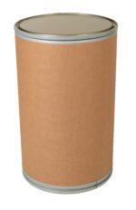 This large, brown cylindrical cardboard barrel looks like a Vestil Fiber Drum with its 55-gallon capacity and metal rims on the top and bottom. Its securely fitted lid gives a sealed appearance, with no visible labels or markings.