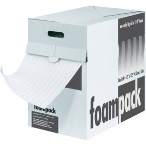 A sleek cardboard box labeled foampack, featuring a foam graphic and handle cut-out, dispenses an MH-USA 1/16 x 12 x 350 white corrugated foam roll from its Air Foam Dispenser Pack, offering convenience at 350 per case.