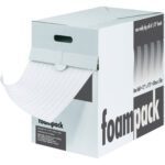 The white and gray box features foampack prominently in bold black letters. A roll of MH-USA 1/16 x 24 x 350 Air Foam Dispenser Packs (350/Case) is partially pulled from a side slot, ready to provide robust protection.