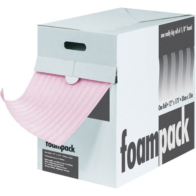 FD1824AS.jpg A rectangular white box with a foampack label dispenses pink foam sheets similar to the MH-USA 1/8 x 24 x 175 Anti-Static Air Foam Dispenser Packs. It features a front cutout and handle for easy access, ideal for securing items up to 175 feet in length per case.
