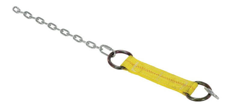The Vestil Drum Adapter features a 29.5625-inch long yellow nylon strap with two metal rings and an attached chain, ideal for securing or lifting. Its displayed on a plain white background.