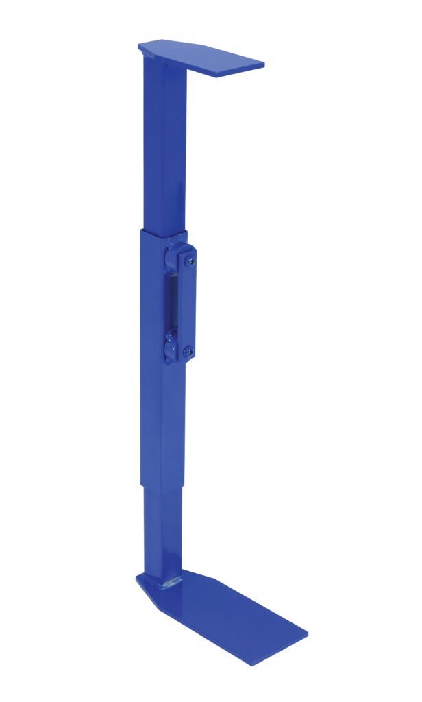 A blue adjustable Vestil Special Drum Adapter For Drum-Ltr includes a flat base, vertical rod, and angled top piece. It acts as a support or mounting device to stabilize equipment, featuring a hinge-like mechanism in the middle for added adaptability.