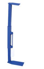 A blue metal bracket with perpendicular plates and a central hinge for structural support or mounting, featuring the Vestil Drum Adapter-Adjusting Arm (28.75 to 36.75 inches). Includes a small white tag.