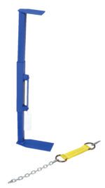 A blue metal lifting clamp with a padded grip is shown beside a yellow safety tag, attached by a short chain of circular links, perfectly complementing the Vestil Fiber Drum Adapter that fits 12-21 diameter drums.