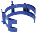 The blue metal bracket with circular shape, multiple horizontal bars, and two adjustable clips resembles the Vestil Drum Adapter Steel Saddle 30 Gal Drums, designed to secure or hold items like steel saddles for 30-gallon drums.