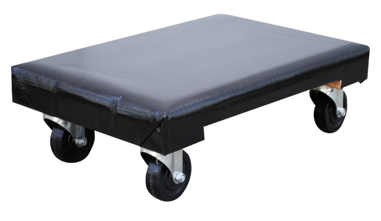 The Vestil Hardwood Dolly Vinyl Cover 1.2K 16 X 24 has a padded black vinyl cover, four swivel caster wheels, and measures 16 x 24 inches. Perfect for moving heavy items on flat surfaces, it supports up to a 1.2K load effortlessly.
