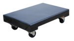 The Vestil Hardwood Dolly Vinyl Cover 0.9K 16 X 24 is a black flat dolly cart with four swivel caster wheels, ideal for moving heavy loads like boxes or furniture on its rectangular, smooth surface. It can handle up to 0.9K weight effortlessly.