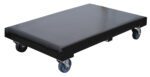 The Vestil Hardwood Dolly Vinyl Cover 1.2K 24 X 36 is a black platform dolly with a rectangular base and four swivel caster wheels, providing a smooth, flat surface ideal for transporting heavy items.