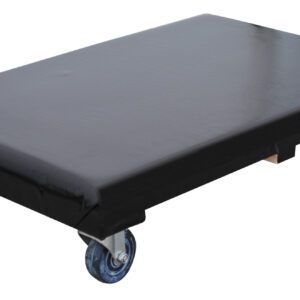 The Vestil Hardwood Dolly Vinyl Cover 1.2K 24 X 36 is a black platform dolly with a rectangular base and four swivel caster wheels, providing a smooth, flat surface ideal for transporting heavy items.