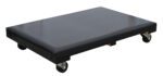 The Vestil Hardwood Dolly with Vinyl Cover features a sleek black design and four wheels, perfect for transporting heavy items. Its durable, smooth 24 x 36-inch rectangular surface stands out against a plain white background.