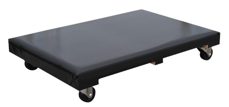 The Vestil Hardwood Dolly with Vinyl Cover features a sleek black design and four wheels, perfect for transporting heavy items. Its durable, smooth 24 x 36-inch rectangular surface stands out against a plain white background.