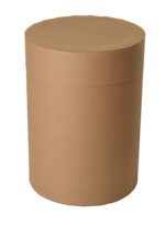 A 30-gallon Vestil Round All-Fiber Drum is a large, round, brown cardboard container with a removable lid. It features a smooth surface and sturdy cylindrical design, perfect for packaging or storage of hefty contents.