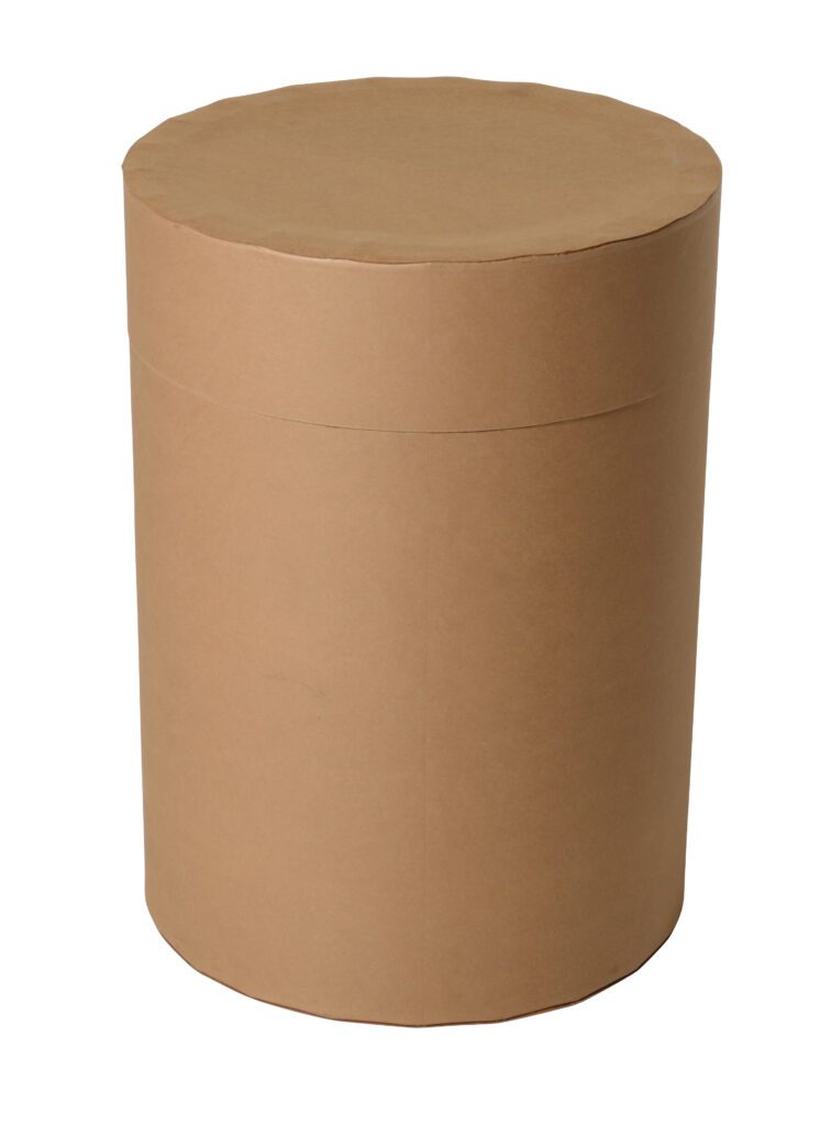 FDR-30_A.jpg A 30-gallon Vestil Round All-Fiber Drum is a large, round, brown cardboard container with a removable lid. It features a smooth surface and sturdy cylindrical design, perfect for packaging or storage of hefty contents.