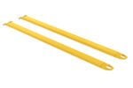 Two long, yellow metal beams with hooks at one end and rounded edges at the other mimic the Vestil Fork Extensions 4 X 120 Pin Style (Pair) design, positioned parallel on a clean white background.