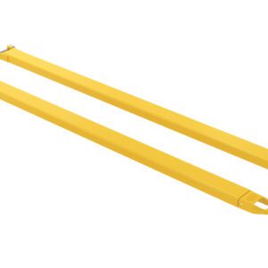 Two long, yellow metal beams with hooks at one end and rounded edges at the other mimic the Vestil Fork Extensions 4 X 120 Pin Style (Pair) design, positioned parallel on a clean white background.