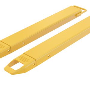 A pair of yellow metal forks for a forklift, similar to the Vestil Fork Extensions 4 X 42 Standard (Pair), are rectangular with angled edges and a hollow end, positioned parallel on a white background.