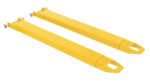 The Vestil Fork Extensions 4 X 48 Pin Style (Pair) are bright yellow, rectangular, and designed with tapered ends plus hooks and pins for enhanced utility.