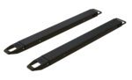 Two black, elongated metal brackets, similar to Vestil Fork Extensions 4 X 54 Standard Black (Pair), are displayed side by side. Each has a small hook at one end and multiple holes along the body for easy mounting, ensuring secure and versatile use.