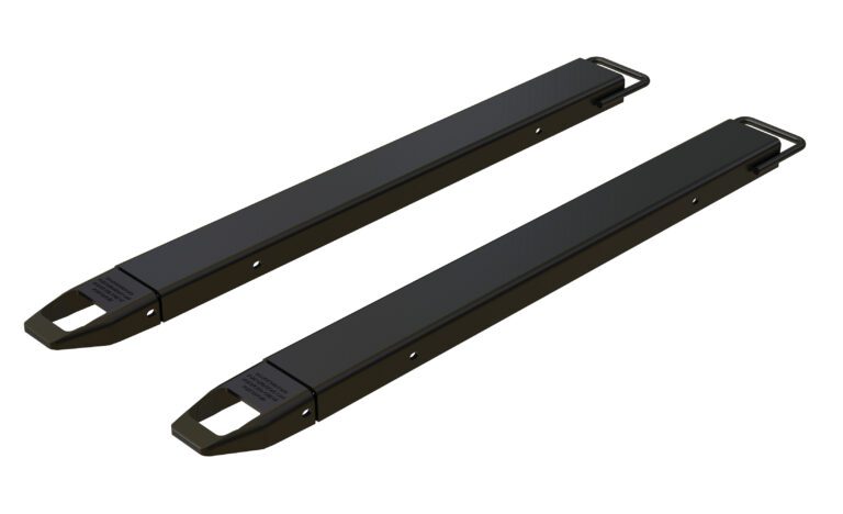 Two black, elongated metal brackets, similar to Vestil Fork Extensions 4 X 54 Standard Black (Pair), are displayed side by side. Each has a small hook at one end and multiple holes along the body for easy mounting, ensuring secure and versatile use.