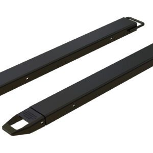 Two black, elongated metal brackets, similar to Vestil Fork Extensions 4 X 54 Standard Black (Pair), are displayed side by side. Each has a small hook at one end and multiple holes along the body for easy mounting, ensuring secure and versatile use.