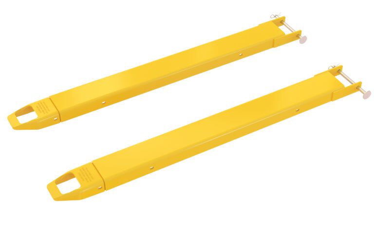 FE-4-54-P_A.jpg Two bright yellow, elongated metal tools with handles on one end are shown side by side against a white background. Each has a pin mechanism for attachment or adjustment, similar to the Vestil Fork Extensions 4 X 54 Pin Style (Pair).