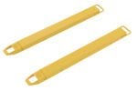 Two yellow metal bars with rectangular cross-sections and looped ends, like the Vestil Fork Extensions 4 X 54 Standard (Pair), are parallel on a white background.