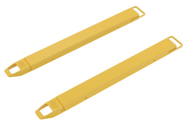 FE-4-54_A.jpg Two yellow metal bars with rectangular cross-sections and looped ends, like the Vestil Fork Extensions 4 X 54 Standard (Pair), are parallel on a white background.