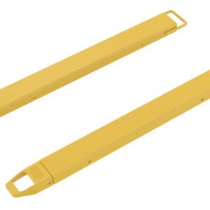 Two yellow metal bars with rectangular cross-sections and looped ends, like the Vestil Fork Extensions 4 X 54 Standard (Pair), are parallel on a white background.