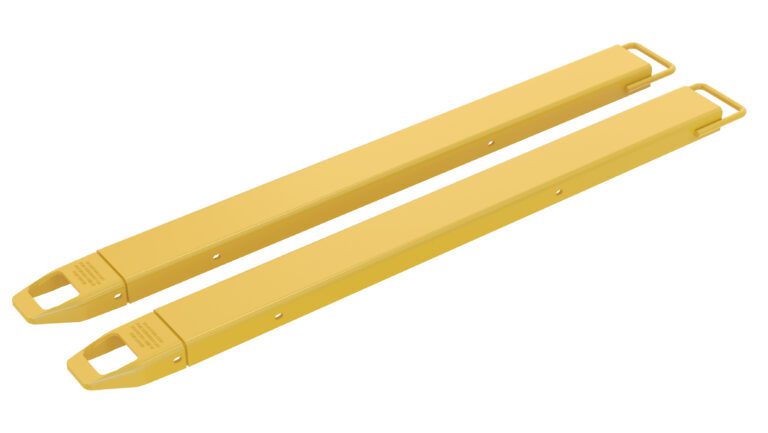 FE-4-60_A.jpg The Vestil Fork Extensions 4 x 60 Standard (Pair) in yellow are side by side on a white background. They are long and narrow, with hooks at one end for easy attachment to forklift forks, ideal for extending reach and enhancing productivity.