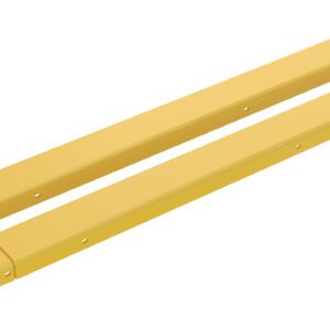 The Vestil Fork Extensions 4 x 60 Standard (Pair) in yellow are side by side on a white background. They are long and narrow, with hooks at one end for easy attachment to forklift forks, ideal for extending reach and enhancing productivity.