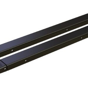 The Vestil Fork Extensions 4 X 63 Standard Black (Pair) are sleek, black rectangular steel extensions with closed tips and rivet holes for secure attachment, all set against a pristine white background.
