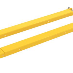 Two yellow Vestil Fork Extensions 4 X 63 Pin Style lay parallel on a white background, featuring square profiles, adjustable hooks on one end, and several holes along their length for adjustable positioning.