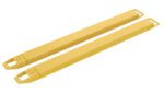 A pair of Vestil Fork Extensions 4 x 63 Standard features elongated yellow metal attachments with rectangular handles and fork-like ends, designed for lifting or support, positioned parallel against a pristine white background.